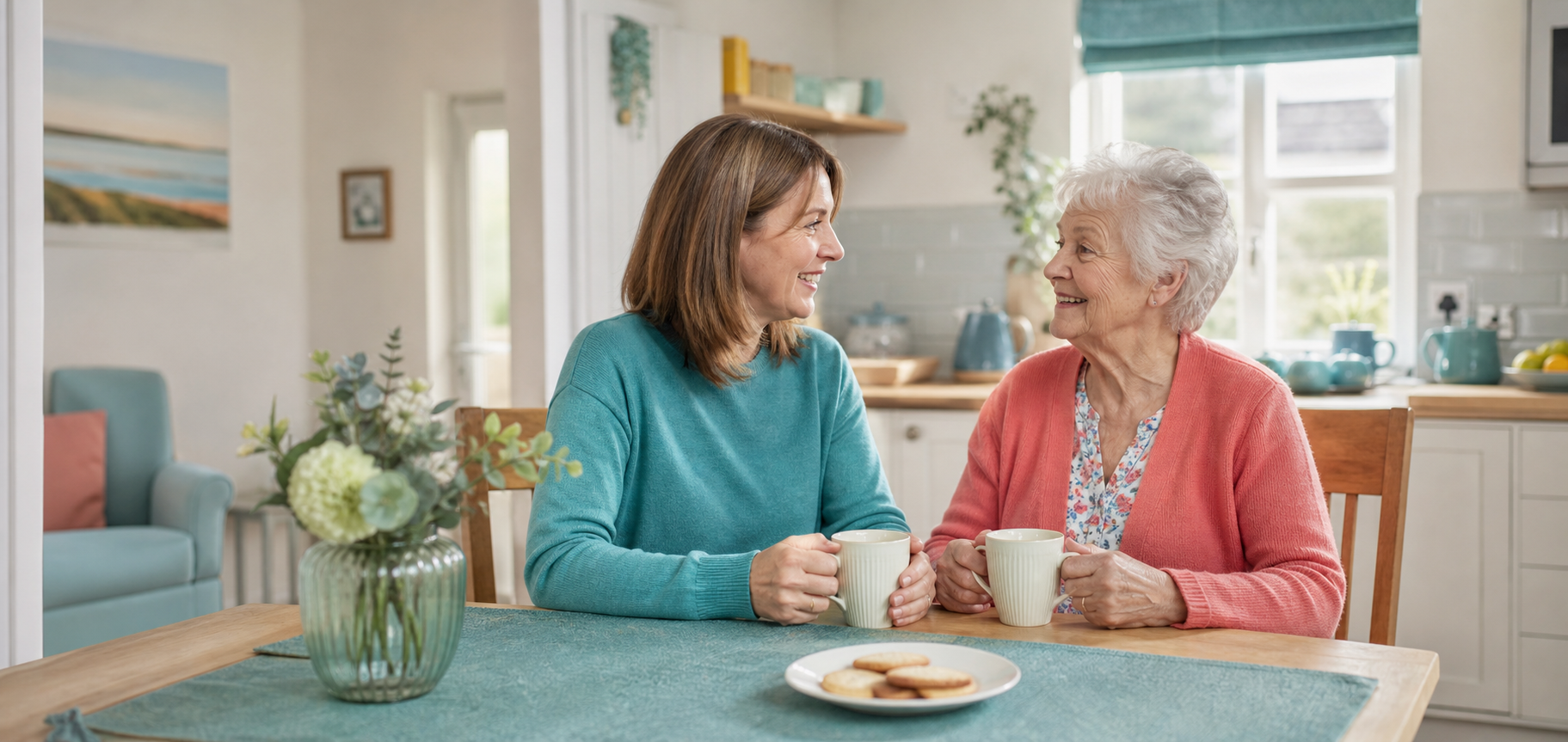 A companion and older client talking over tea in a bright home kitchen.